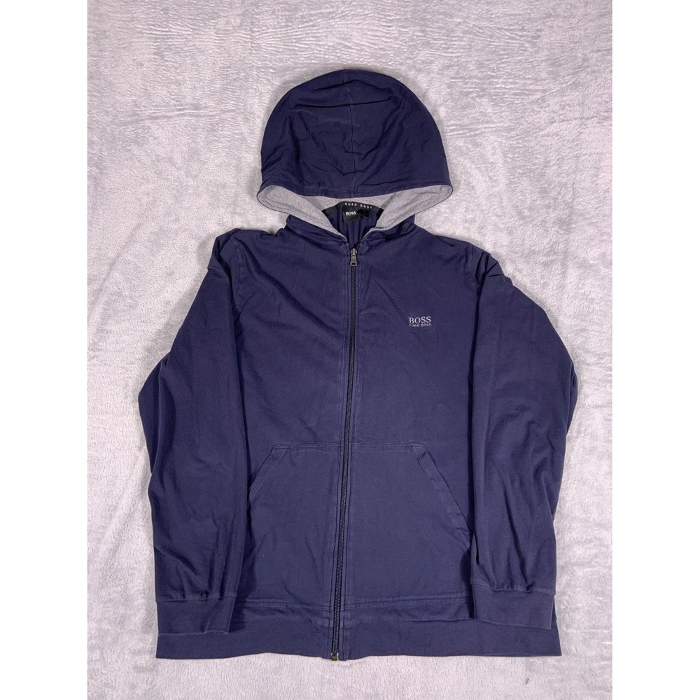 Boss Hugo Jacket Mens L Navy Blue Full Zip Embroidered Hooded Front Pockets